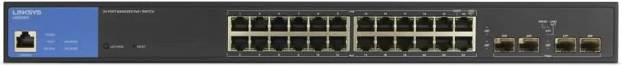 سوئیچ شبکه مدیریتی 24 پورت گیگابیتی Linksys با 4 اسلات SFP آپلینک 1 گیگابیتی - پورت های POE / POE+، QOS، مسیریابی استاتیک، VLAN، ویژگی های IGMP - بدنه فلزی، قابل نصب روی میز یا دیوار - LGS328PC