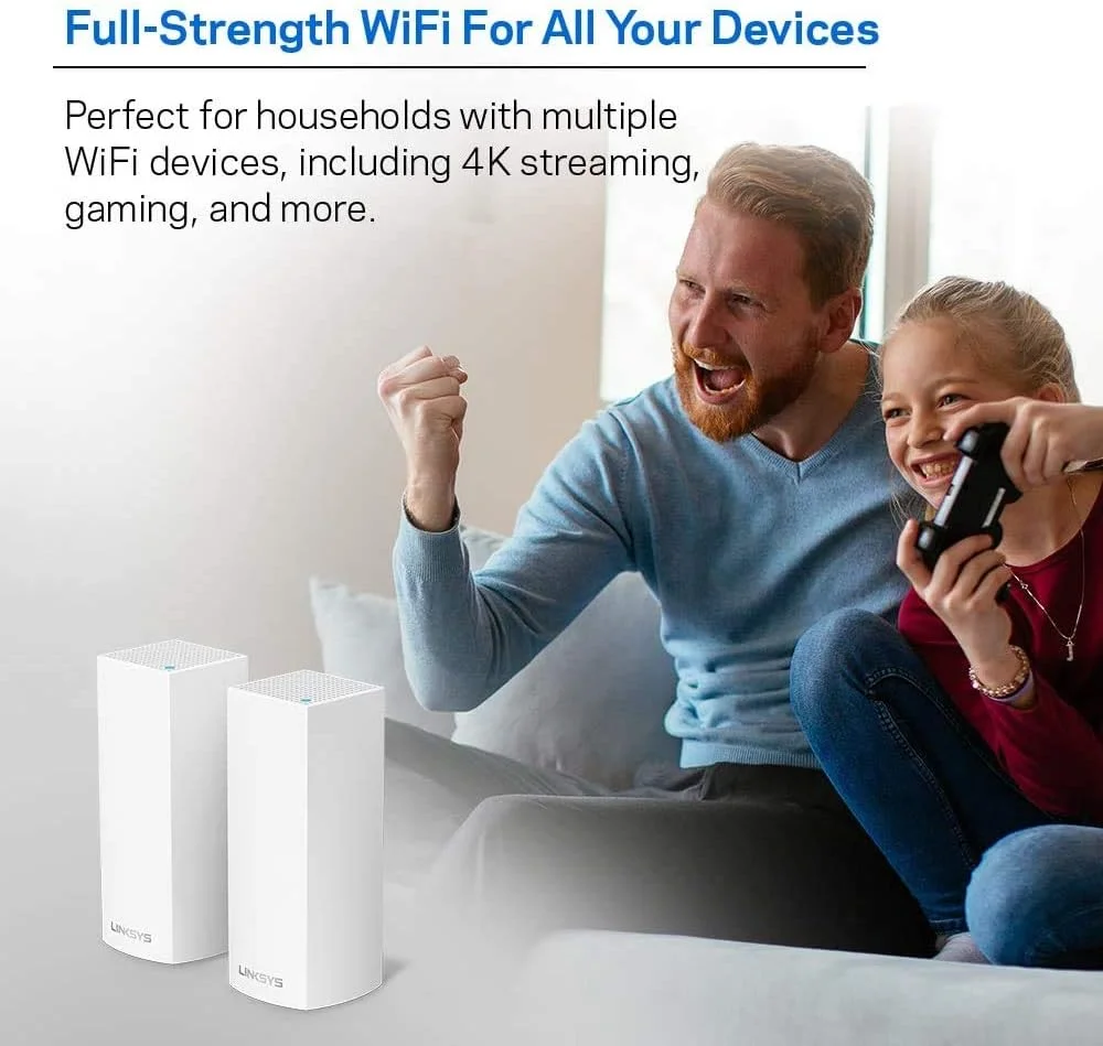سیستم وای فای مش خانگی سه بانده Linksys WHW0302 Velop (روتر/تقویت کننده وای فای AC4400 برای پوشش یکپارچه تا 370 متر مربع، کنترل والدین، بسته 2 عددی، سفید) سیستم وای فای مش خانگی سه بانده Linksys WHW0302 Velop (روتر/تقویت کننده وای فای AC4400 برای پوشش یکپارچه تا 370 متر مربع، کنترل والدین، بسته 2 عددی، سفید)