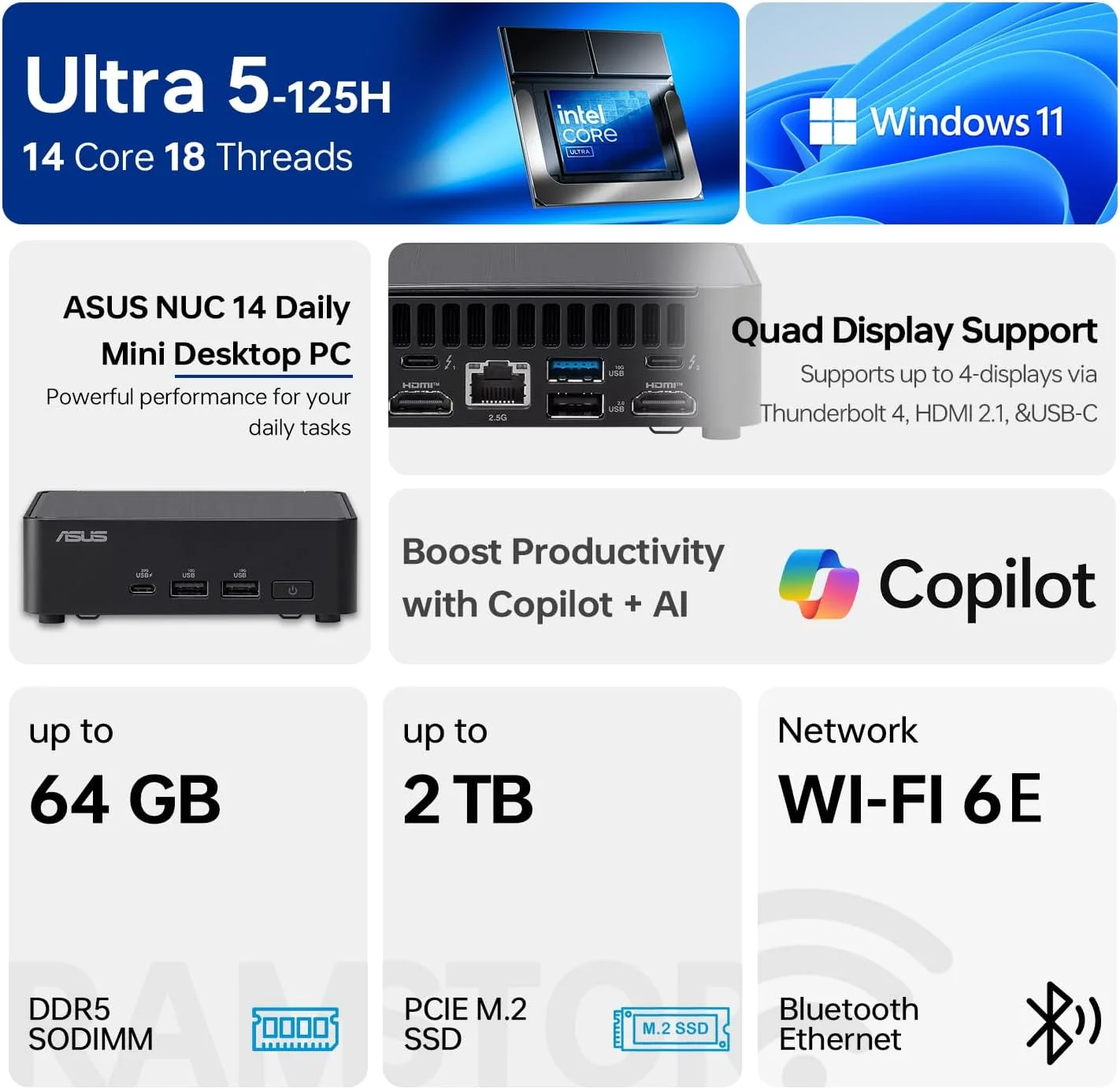 مینی دسکتاپ ASUS NUC Pro 14 Ultra 5 AI، پردازنده Intel Ultra 5، رم 32 گیگابایتی DDR5، حافظه SSD 1 ترابایتی، Wi-Fi 6، HDMI، بلوتوث، ویندوز 11 پرو، مشکی، پشتیبانی از خانه/تجارت/بازی (ارتقا یافته)