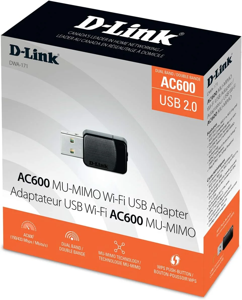 آداپتور وای فای USB دی-لینک AC600 مینی وایرلس اینترنت دو بانده MU-Mimo شبکه وای فای دسکتاپ لپ تاپ (DWA-171)، مشکی
