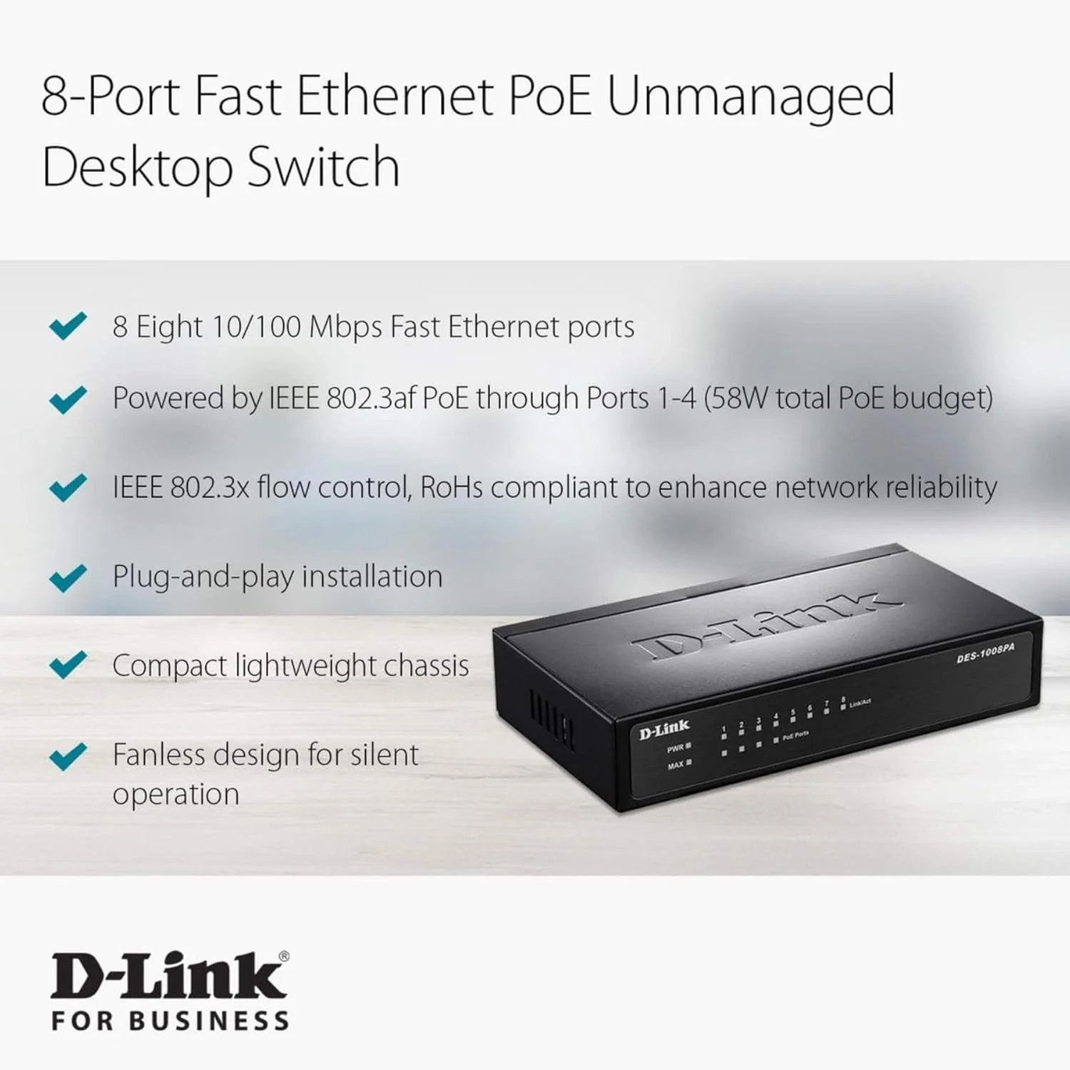 سوئیچ D-Link des-1008 Pa – سوئیچ شبکه (غیر مدیریتی، اترنت سریع (10/100)، IEEE 802.3، IEEE 802.3 Af، IEEE 802.3U، IEEE 802.3 X، 1000 ورودی، 1.6 گیگابیت بر ثانیه، 1 گیگابیت بر ثانیه) مشکی سوئیچ D-Link des-1008 Pa – سوئیچ شبکه (غیر مدیریتی، اترنت سریع (10/100)، IEEE 802.3، IEEE 802.3 Af، IEEE 802.3U، IEEE 802.3 X، 1000 ورودی، 1.6 گیگابیت بر ثانیه، 1 گیگابیت بر ثانیه) مشکی