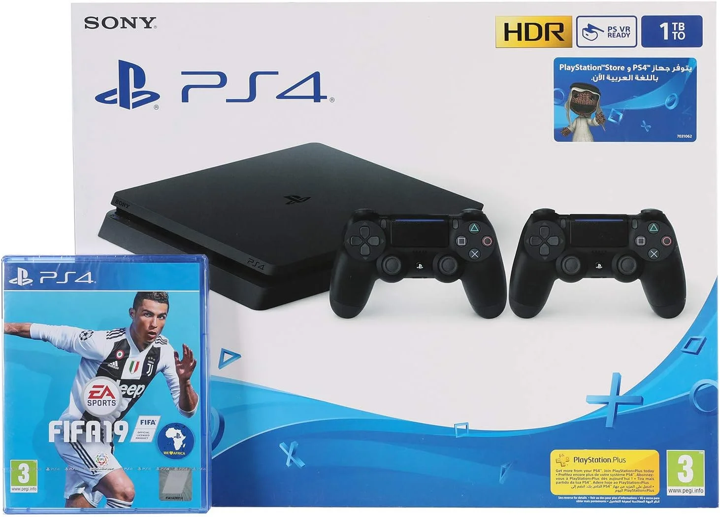 کنسول بازی سونی پلی استیشن 4 اسلیم 1 ترابایت با 2 دسته و بازی FIFA 19 نسخه عربی