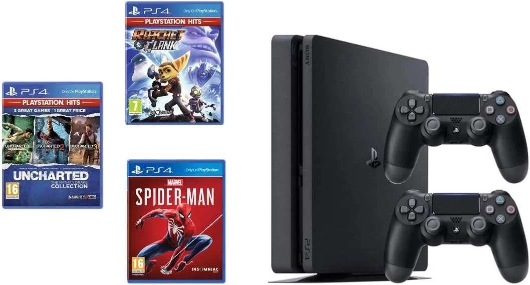 کنسول سونی پلی استیشن 4 اسلیم 500 گیگابایت با دو دسته DualShock 4 به همراه 3 بازی: Ratchet & Clank، Spiderman، Uncharted Collection به همراه اشتراک 3 ماهه PSN+