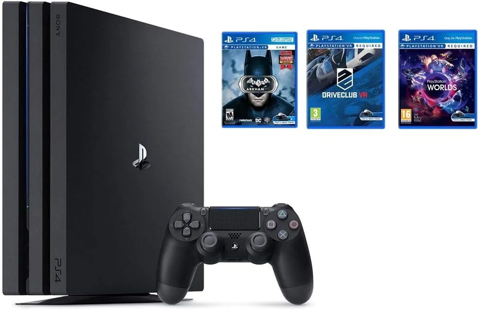 کنسول سونی پلی استیشن 4 پرو 1 ترابایتی (مشکی) به همراه بسته 3 بازی PSVR (Batman: Arkham VR، Driveclub VR، PlayStation VR Worlds)