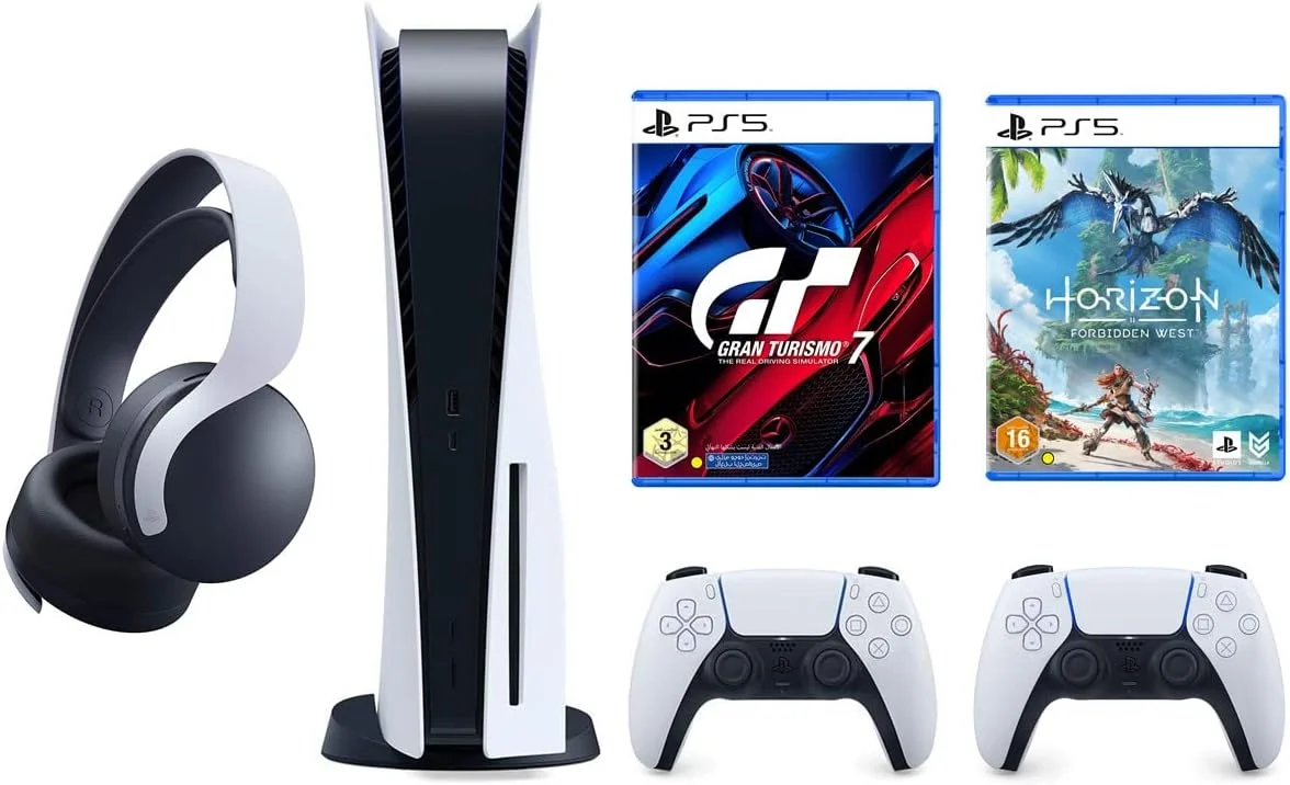باندل کنسول دیسک خور پلی استیشن 5 با بازی Gran Turismo 7، Horizon Forbidden West، هدست بی سیم Pulse 3D اضافی و یک دسته Dualsense بی سیم اضافی (نسخه امارات)