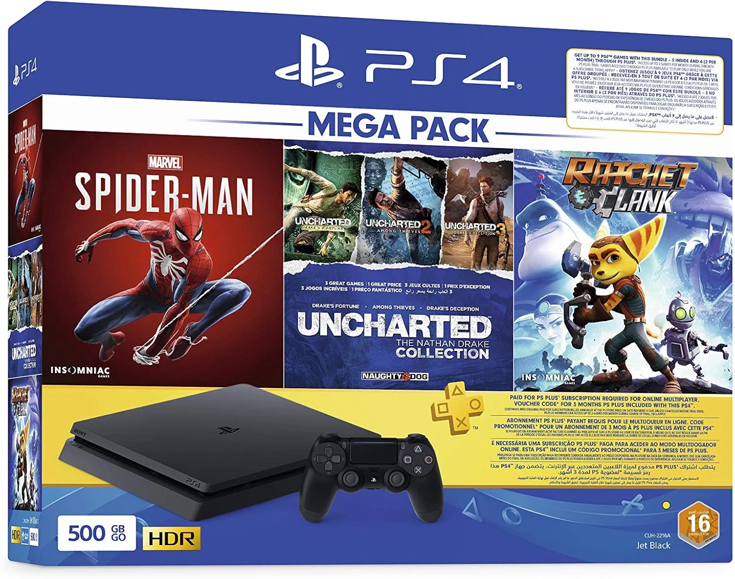 کنسول سونی پلی استیشن 4 اسلیم 500 گیگابایت با دو دسته DualShock 4 به همراه 3 بازی: Ratchet & Clank، Spiderman، Uncharted Collection به همراه اشتراک 3 ماهه PSN+ کنسول سونی پلی استیشن 4 اسلیم 500 گیگابایت با دو دسته DualShock 4 به همراه 3 بازی: Ratchet & Clank، Spiderman، Uncharted Collection به همراه اشتراک 3 ماهه PSN+