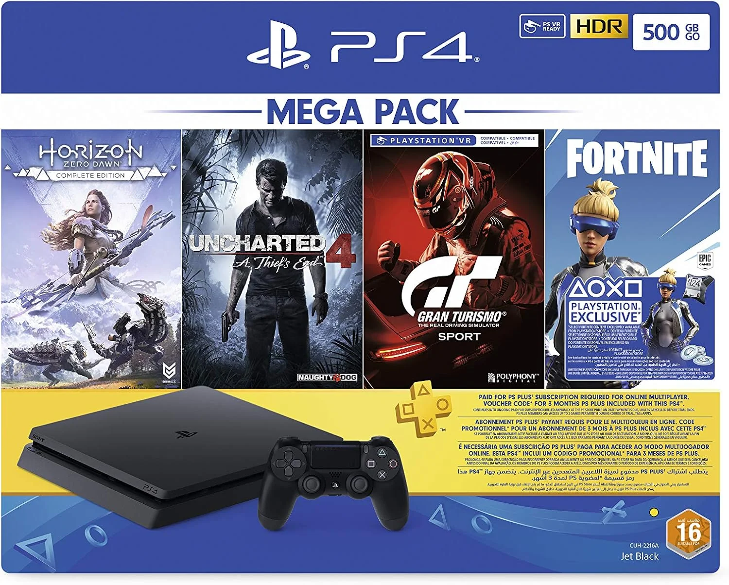 کنسول پلی استیشن 4 سونی 500 گیگابایت (مشکی) با یک کنترلر اضافی، اشتراک 3 ماهه PSN و بسته مگا 4 بازی کنسول پلی استیشن 4 سونی 500 گیگابایت (مشکی) با یک کنترلر اضافی، اشتراک 3 ماهه PSN و بسته مگا 4 بازی