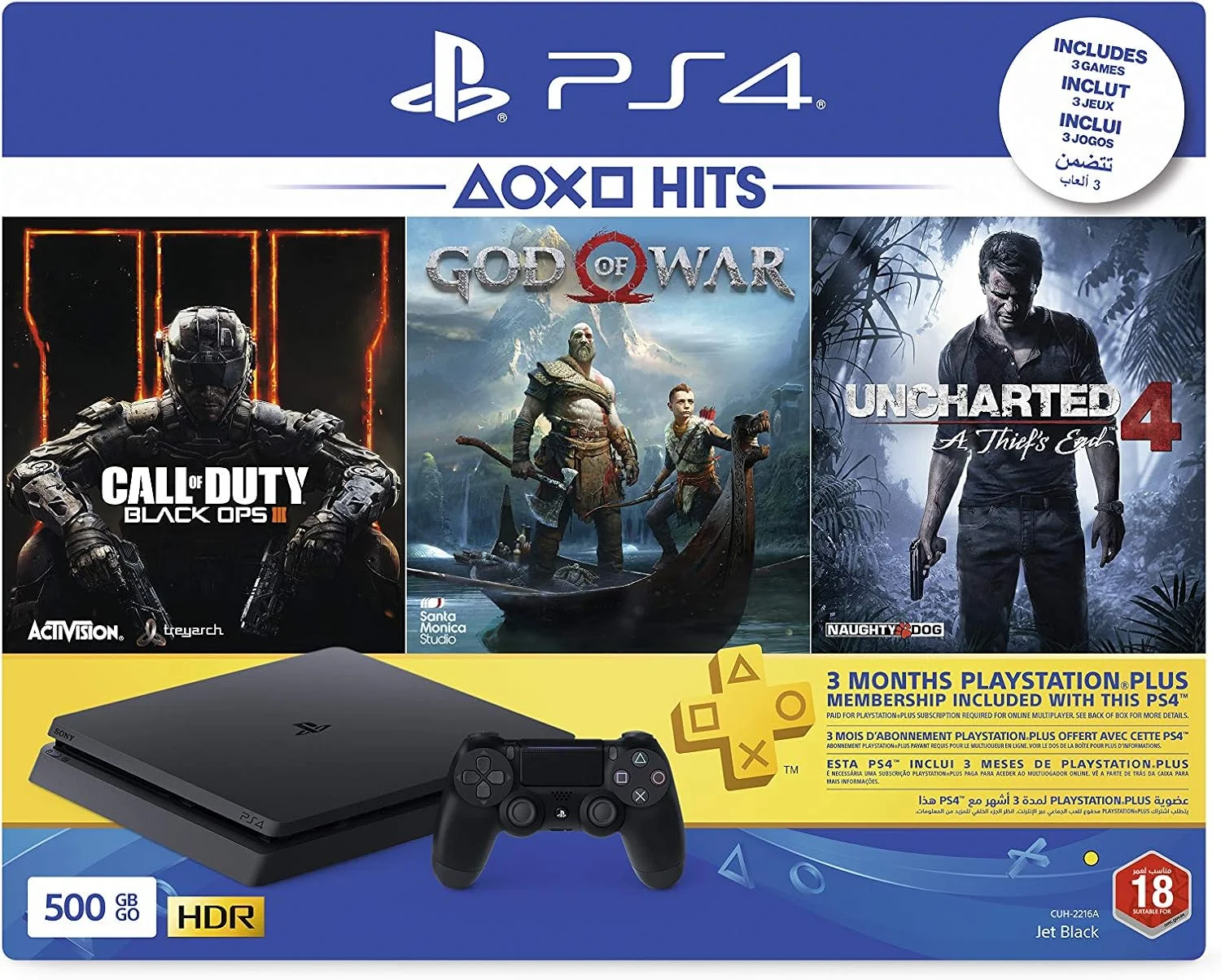 کنسول پلی استیشن 4 اسلیم 500 گیگابایتی سونی (مشکی) به همراه اشتراک 3 ماهه PSN و 3 بازی (Call Of Duty: Black Ops 3، God Of War و Uncharted 4)