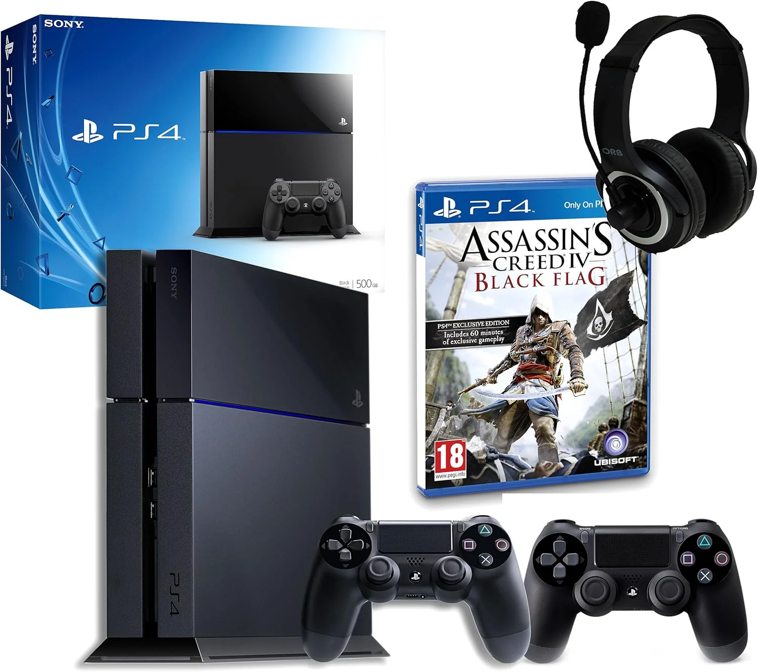 کنسول پلی استیشن 4 سونی به همراه Assassin's Creed IV، هدست GP3 و کنترلر DualShock 4 (PS4)
