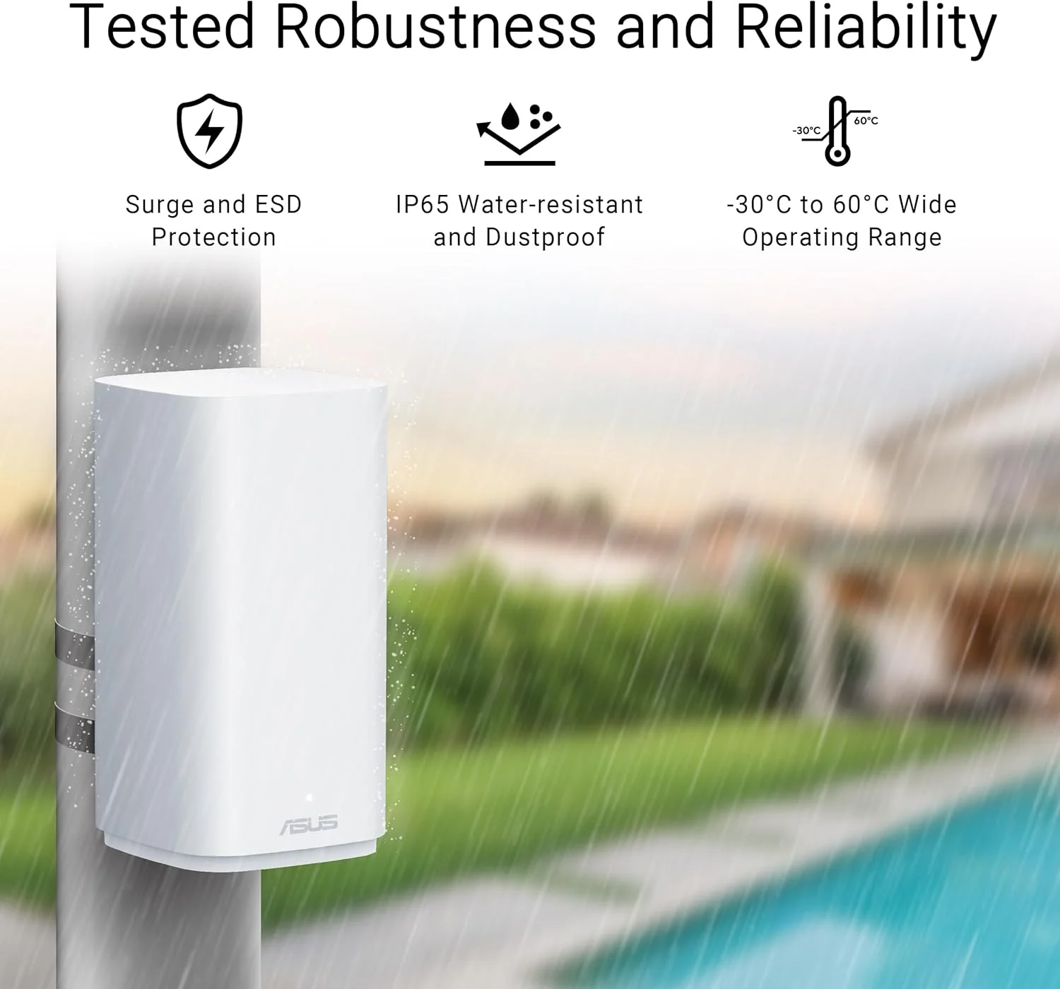 روتر مش دو بانده ASUS ZenWiFi BD5 Outdoor WiFi 7، 5000 مگابیت در ثانیه، پوشش 2500 فوت مربع (تک عددی)، پورت های دوگانه 2.5G، IP65، تغذیه از طریق PoE، نصب روی دیوار و میله، VPN