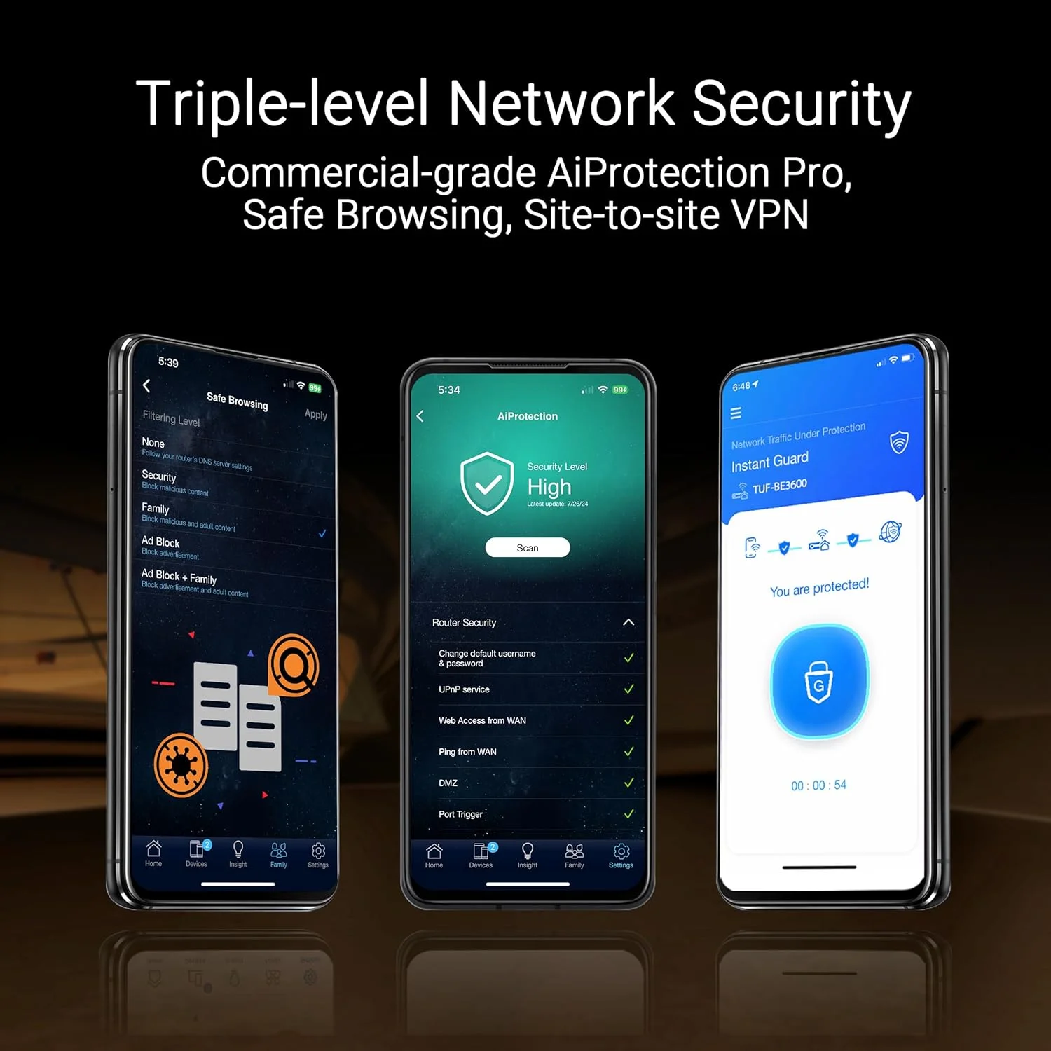 روتر گیمینگ بی سیم دو بانده ASUS TUF Gaming BE3600، وای فای 7 802.11be، 2.5 گیگابیت بر ثانیه، حالت بازی موبایل، وای فای در شبکه، شتاب دهنده دنده، QoS قابل تنظیم، کاهنده پورت، اتصال موبایل