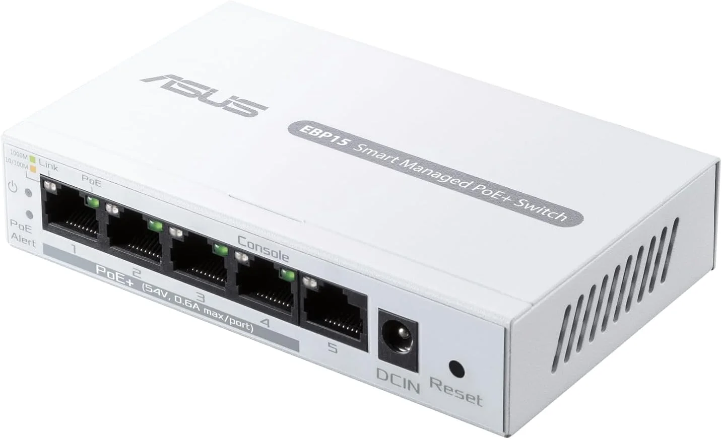 سوییچ 5 پورت گیگابیتی PoE+ هوشمند ASUS ExpertWiFi EBP15، پشتیبانی از تنظیم اولویت PoE، ایده آل برای اکسس پوینت های PoE، دوربین های مداربسته IP، تلفن های VoIP، مدیریت متمرکز برنامه با روتر ExpertWiFi - سفید
