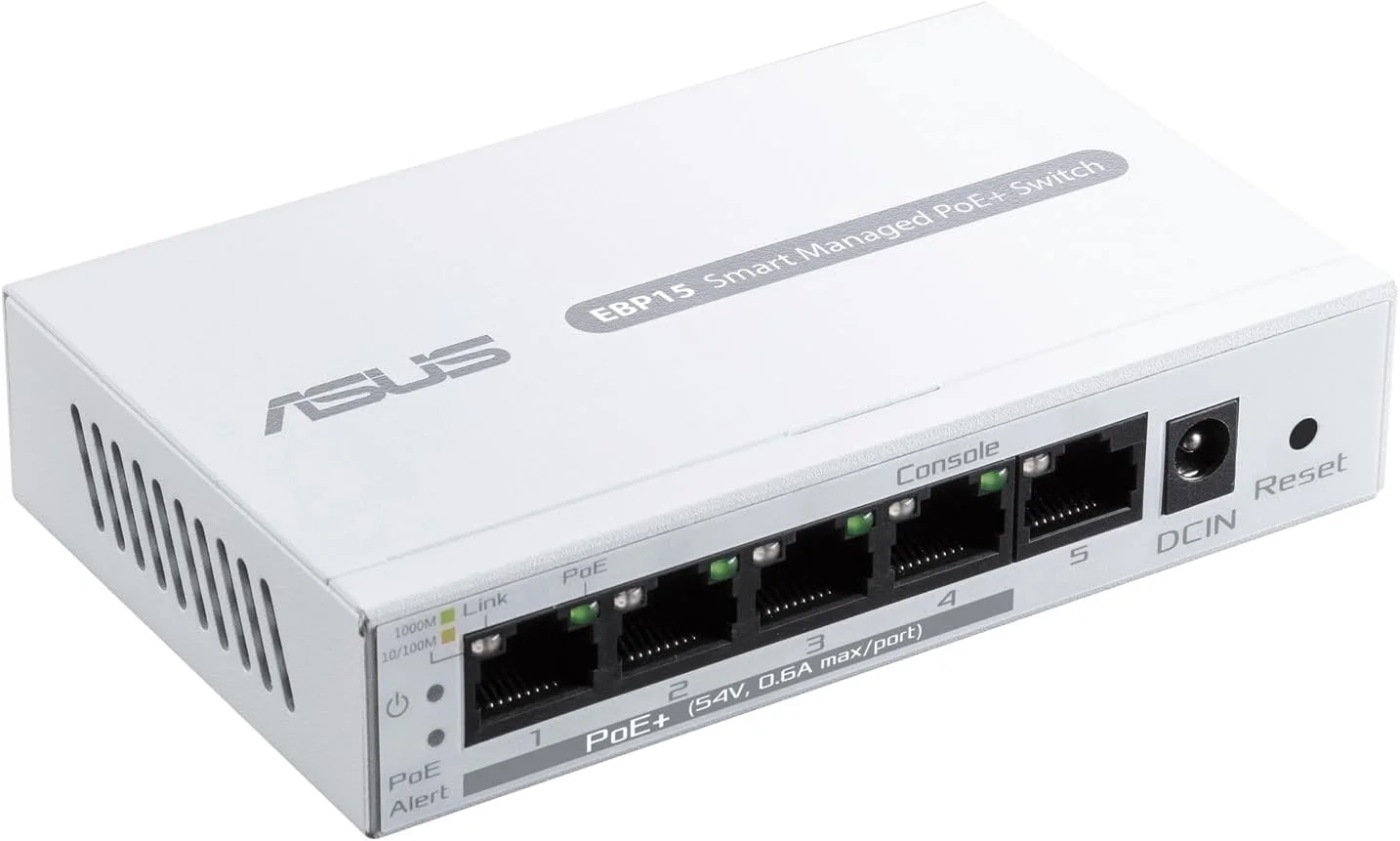 سوییچ 5 پورت گیگابیتی PoE+ هوشمند ASUS ExpertWiFi EBP15، پشتیبانی از تنظیم اولویت PoE، ایده آل برای اکسس پوینت های PoE، دوربین های مداربسته IP، تلفن های VoIP، مدیریت متمرکز برنامه با روتر ExpertWiFi - سفید