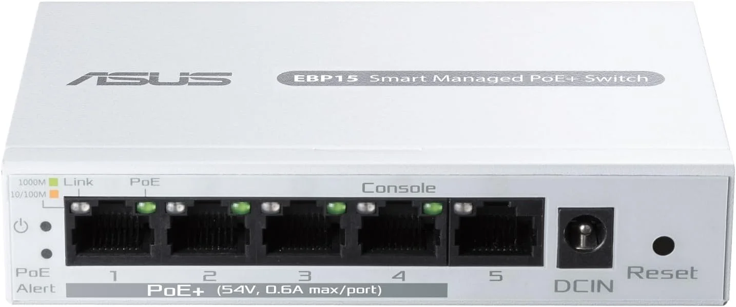 سوییچ 5 پورت گیگابیتی PoE+ هوشمند ASUS ExpertWiFi EBP15، پشتیبانی از تنظیم اولویت PoE، ایده آل برای اکسس پوینت های PoE، دوربین های مداربسته IP، تلفن های VoIP، مدیریت متمرکز برنامه با روتر ExpertWiFi - سفید