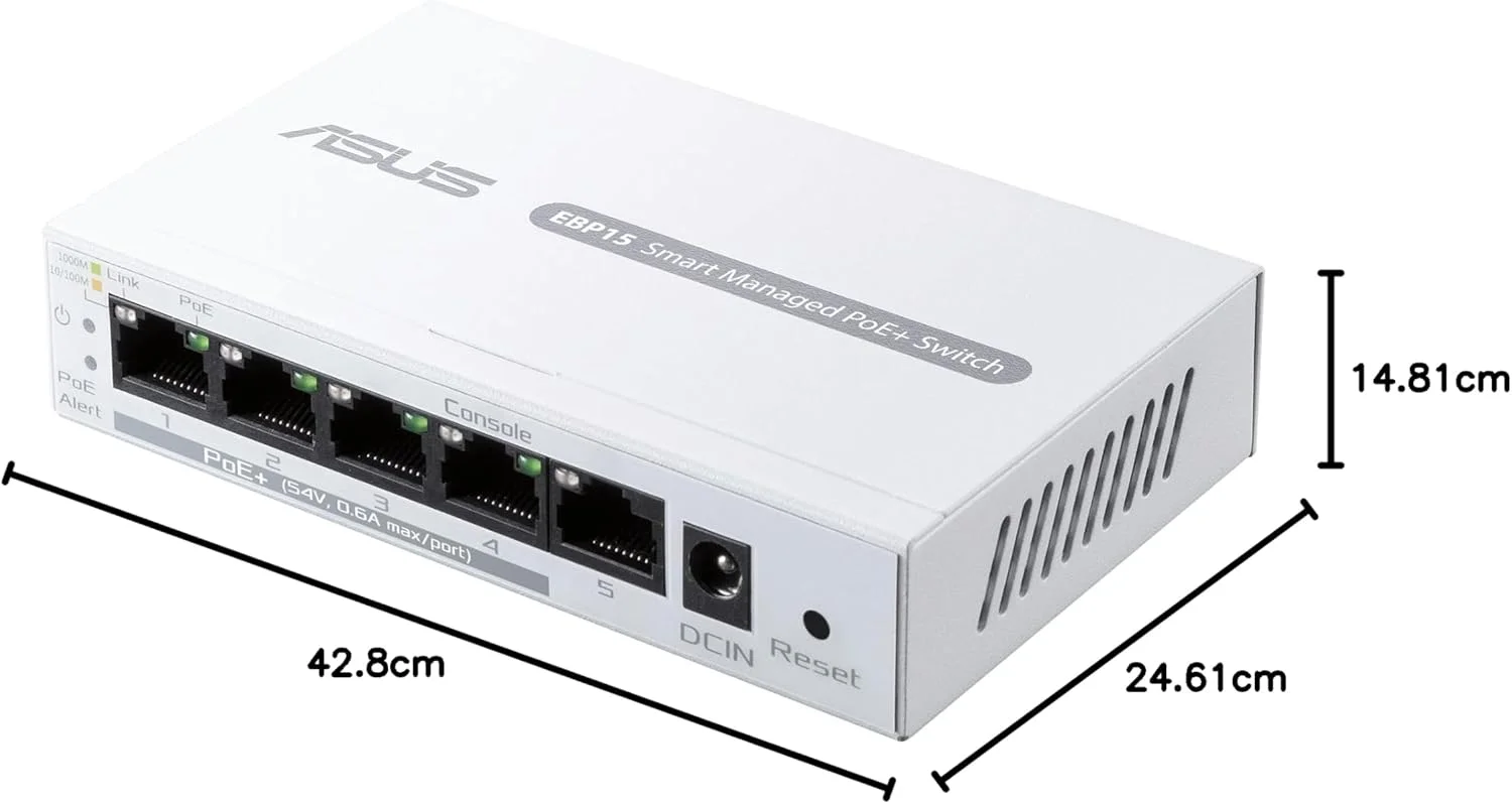 سوییچ 5 پورت گیگابیتی PoE+ هوشمند ASUS ExpertWiFi EBP15، پشتیبانی از تنظیم اولویت PoE، ایده آل برای اکسس پوینت های PoE، دوربین های مداربسته IP، تلفن های VoIP، مدیریت متمرکز برنامه با روتر ExpertWiFi - سفید