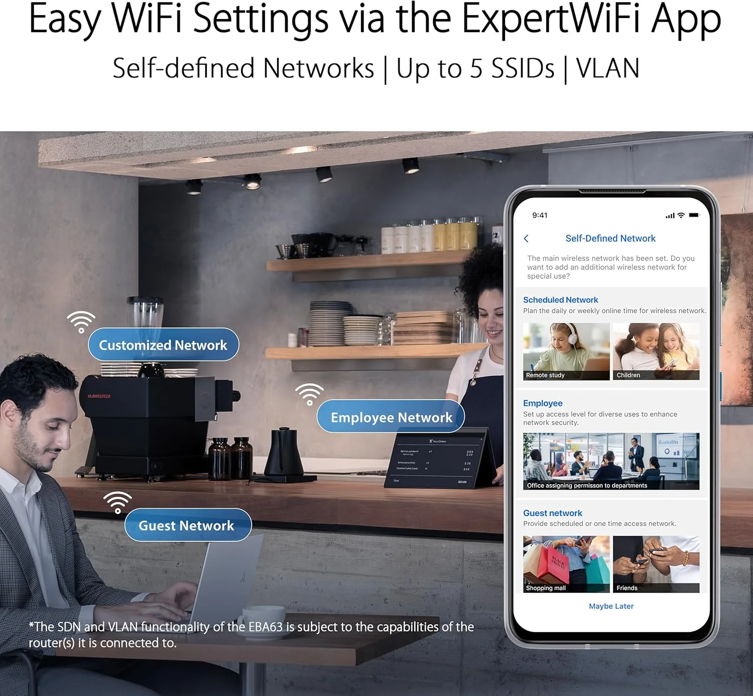 اکسس پوینت ASUS ExpertWiFi EBA63 AX3000 دو بانده WiFi 6 (802.11ax) PoE، پشتیبانی از 5 SSID و VLAN، شبکه خود تعریف، پشتیبانی از PoE و PoE+، برنامه مدیریت آسان، سازگار با AiMesh