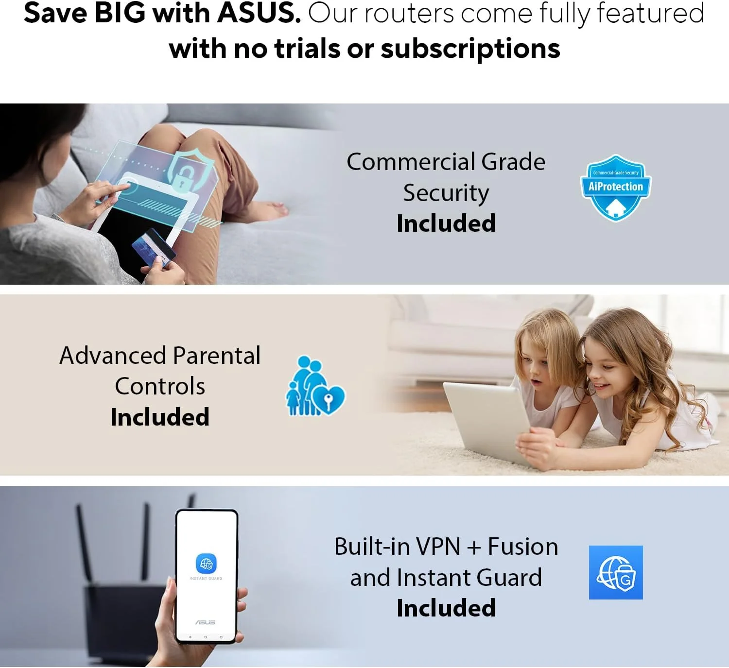 ASUS ZenWiFi BD4 (بسته 3 عددی) وای فای 7 مش دو بانده، 3600 مگابیت بر ثانیه، پوشش 6500 فوت مربع، دارای دو پورت 2.5G، امنیت و کنترل والدین، SSID های اصلی خانه هوشمند