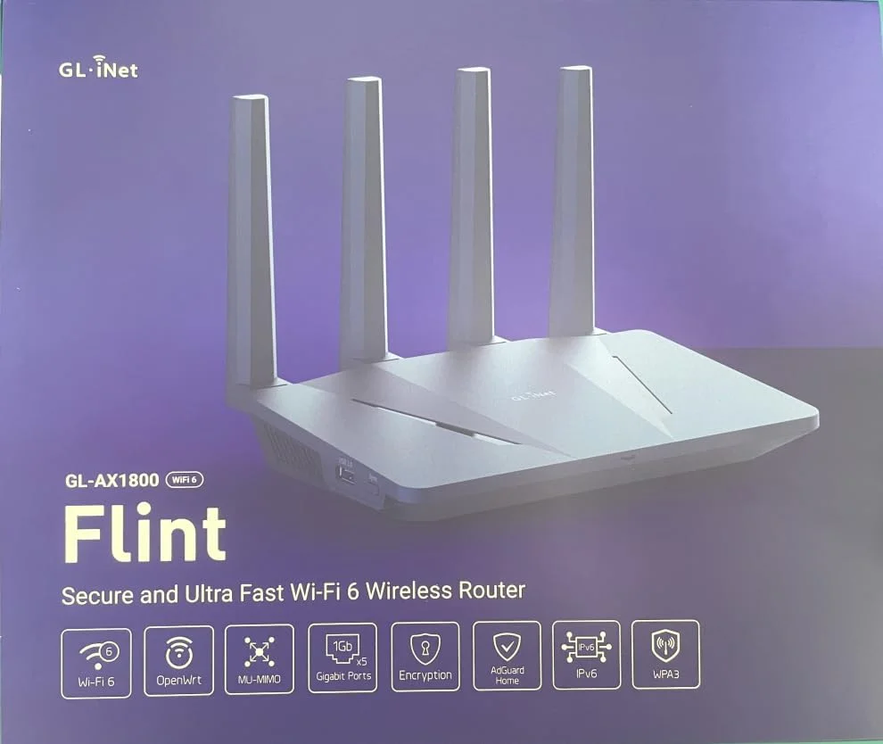 روتر وای فای 6 GL.iNet GL-AX1800 (Flint) - روتر اینترنت بی سیم گیگابیتی دو بانده | 5 پورت اترنت 1G | تا 120 دستگاه | سرعت شگفت انگیز OpenVpn و WireGuard | امنیت WPA3 | MU-MIMO | 802.11ax
