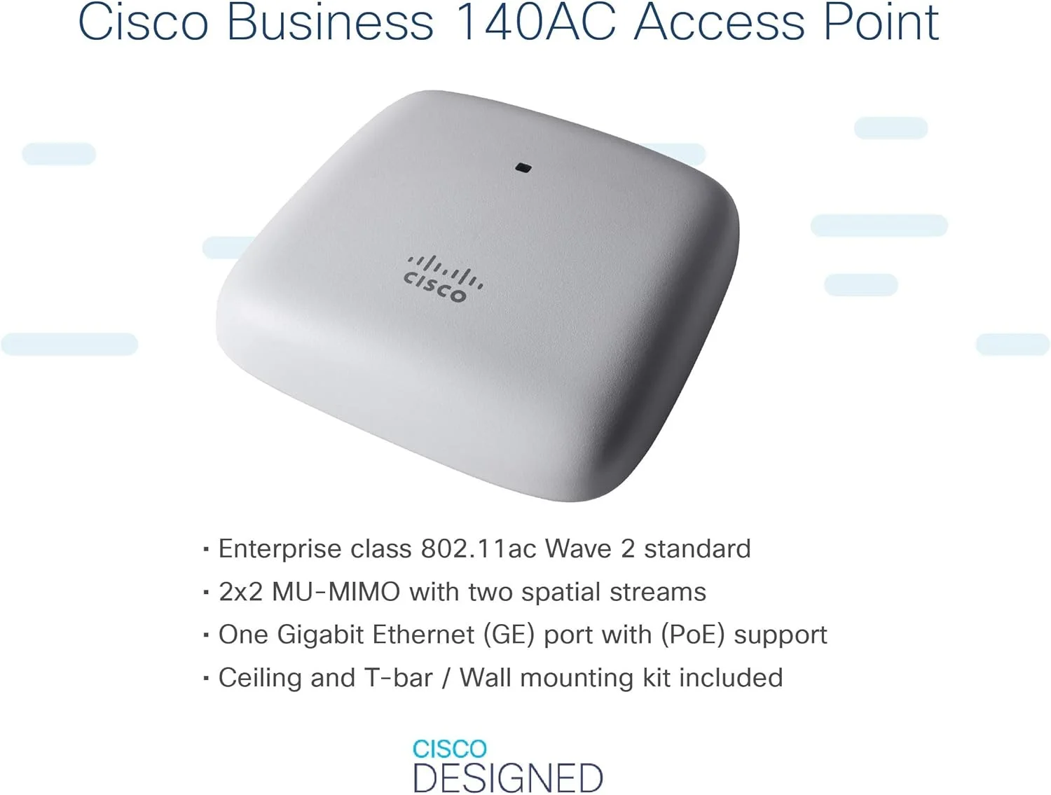 اکسس پوینت وای فای Cisco Business 140AC | 802.11ac | 2x2 | پورت 1GbE | نصب سقفی | بسته 5 عددی | محافظت مادام العمر محدود (5-CBW140AC-B)