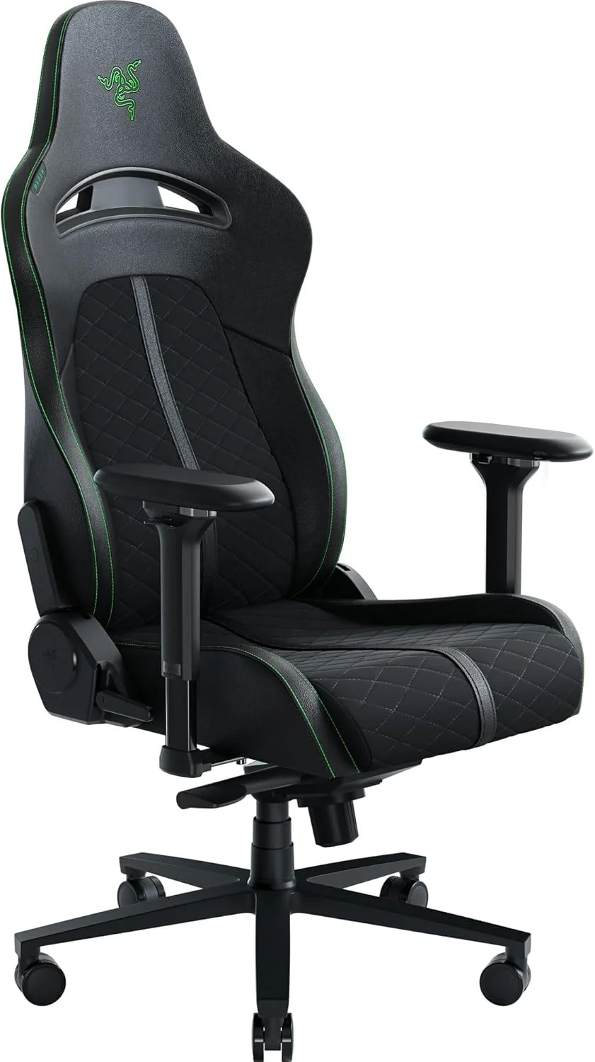 صندلی گیمینگ Razer Enki: راحتی تمام روز - دارای قوس کمری داخلی - تراکم بالشتک بهینه - چرم مصنوعی سازگار با محیط زیست با بافت دوگانه - شیب واکنشی صندلی و تکیه گاه 152 درجه - مشکی/سبز