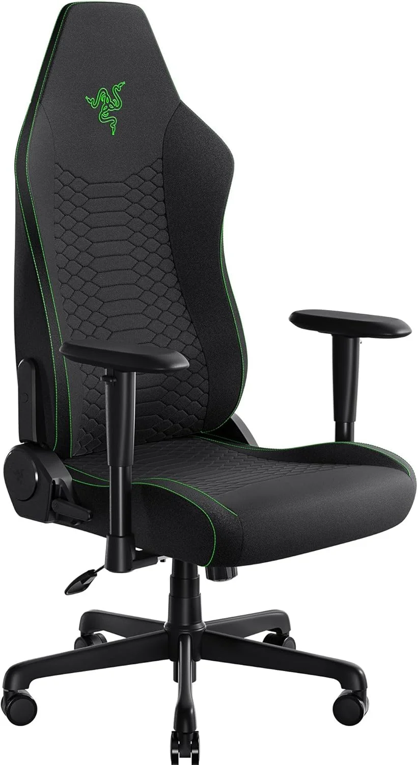 صندلی گیمینگ ارگونومیک Razer Iskur V2 X: پشتیبانی داخلی کمری، پایه صندلی پهن تر، بالشتک های فوم با چگالی بالا، قابلیت تنظیم زاویه 152 درجه، دسته های 2D، روکش پارچه ای نرم - مشکی