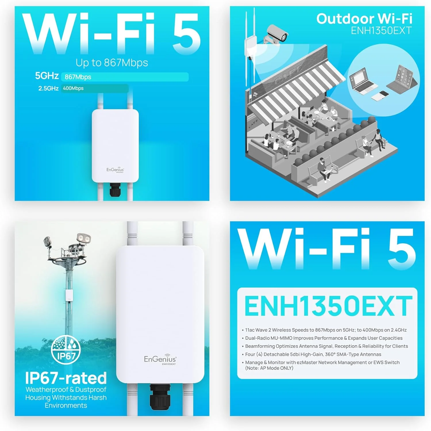 اکسس پوینت/تقویت کننده برد/پل فضای باز دوربرد دو بانده EnGenius Technologies ENH1350EXT Wi-Fi 5 AC1300 2x2 دارای استاندارد IP67، MU-MIMO و رومینگ سریع (شامل کیت نصب و انژکتور PoE)