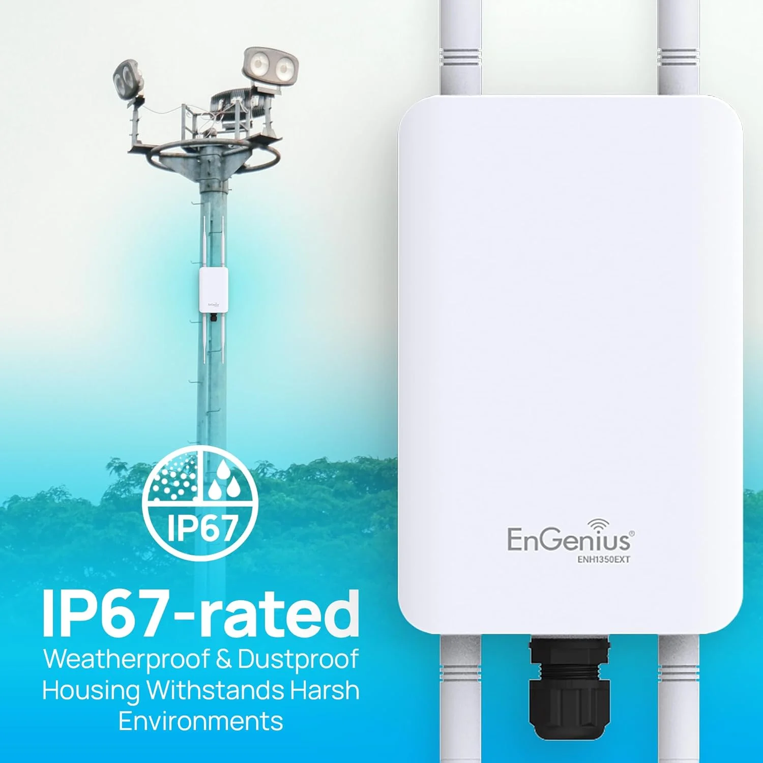 اکسس پوینت/تقویت کننده برد/پل فضای باز دوربرد دو بانده EnGenius Technologies ENH1350EXT Wi-Fi 5 AC1300 2x2 دارای استاندارد IP67، MU-MIMO و رومینگ سریع (شامل کیت نصب و انژکتور PoE)