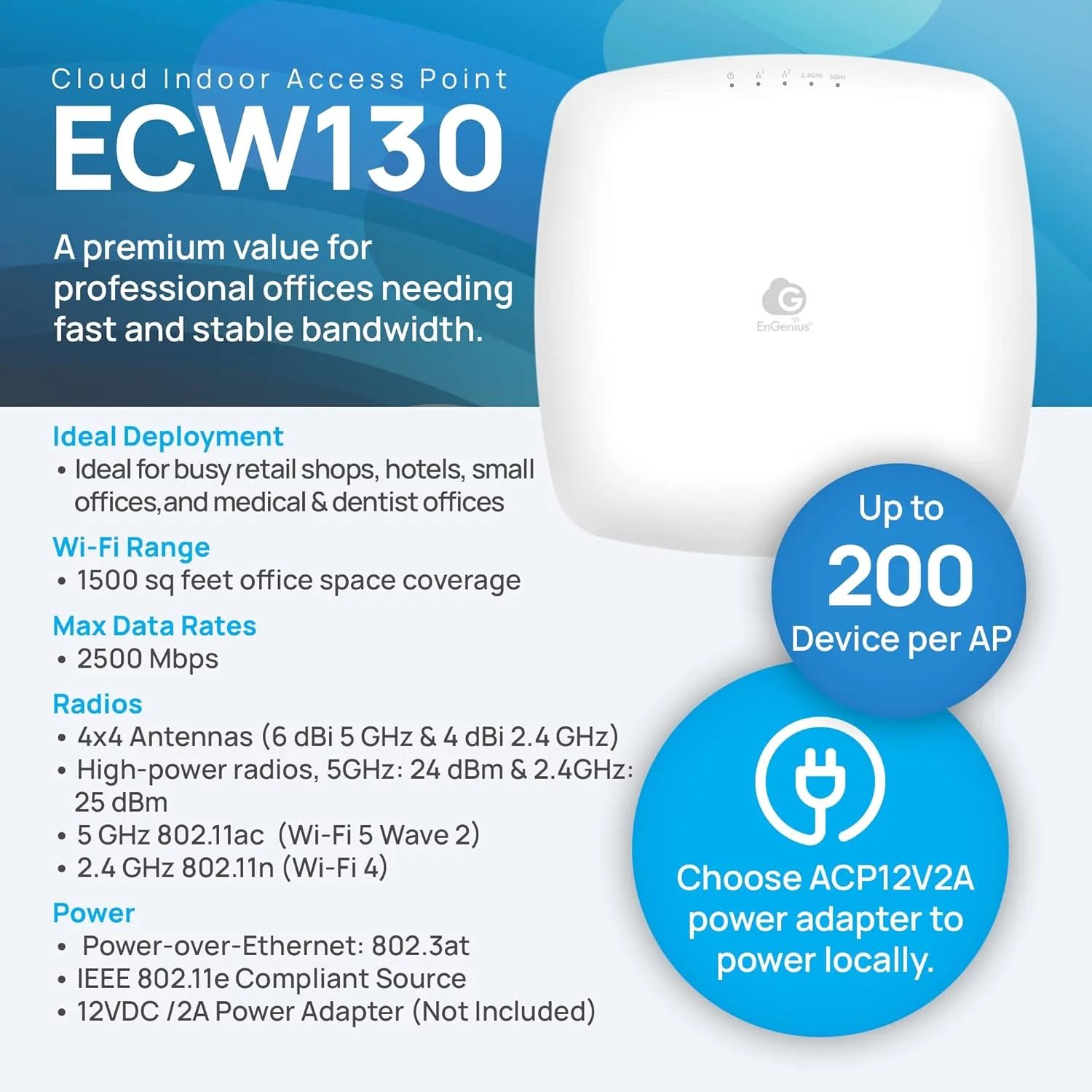 اکسس پوینت داخلی EnGenius Cloud Managed ECW130، 4x4، MU-MIMO دو بانده با سرعت 1733 مگابیت بر ثانیه در 5 گیگاهرتز و 800 مگابیت بر ثانیه در 2.4 گیگاهرتز (آداپتور برق شامل نمی شود) اکسس پوینت داخلی EnGenius Cloud Managed ECW130، 4x4، MU-MIMO دو بانده با سرعت 1733 مگابیت بر ثانیه در 5 گیگاهرتز و 800 مگابیت بر ثانیه در 2.4 گیگاهرتز (آداپتور برق شامل نمی شود)