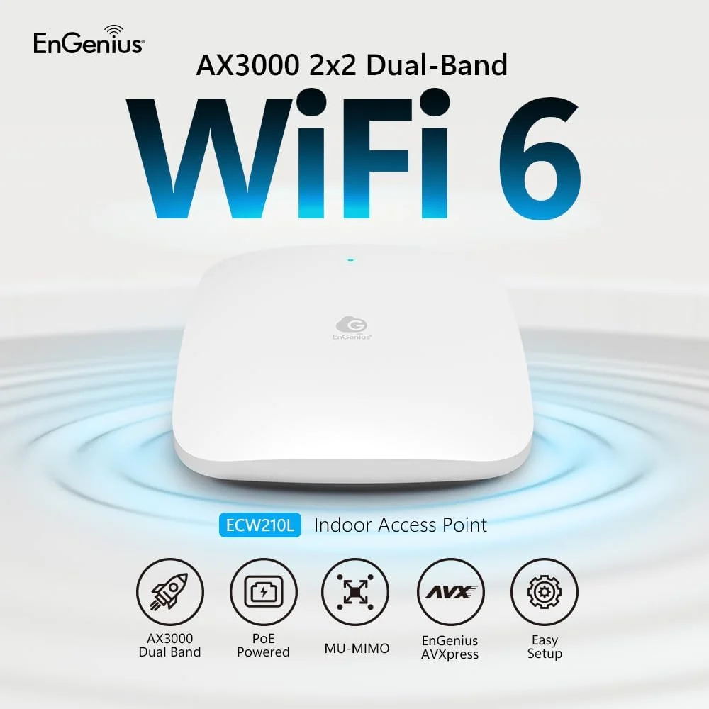 اکسس پوینت بی سیم EnGenius با قابلیت مدیریت ابری، اکسس پوینت داخلی Wi-Fi 6 PoE | 2x2 | سرعت 3 گیگابیت بر ثانیه | دو بانده 2.4 و 5 گیگاهرتز | امنیت WPA3 | بدون آداپتور - ECW210L اکسس پوینت بی سیم EnGenius با قابلیت مدیریت ابری، اکسس پوینت داخلی Wi-Fi 6 PoE | 2x2 | سرعت 3 گیگابیت بر ثانیه | دو بانده 2.4 و 5 گیگاهرتز | امنیت WPA3 | بدون آداپتور - ECW210L