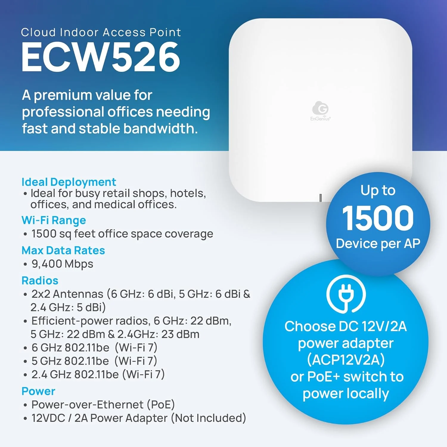 اکسس پوینت سقفی سه باندی وای فای 7 EnGenius ECW526 با قابلیت مدیریت ابری | MIMO 2x2، 2.4GHz/5GHz/6GHz (700+2900+5800Mbps)، پورت 10GE PoE++، 802.3bt اکسس پوینت سقفی سه باندی وای فای 7 EnGenius ECW526 با قابلیت مدیریت ابری | MIMO 2x2، 2.4GHz/5GHz/6GHz (700+2900+5800Mbps)، پورت 10GE PoE++، 802.3bt