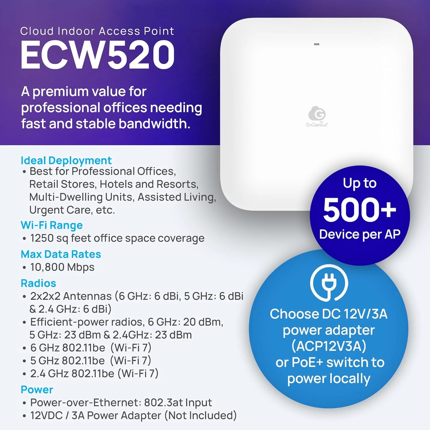 اکسس پوینت داخلی سه باندی وای فای 7 EnGenius ECW520 – سرعت 10.8 گیگابیت بر ثانیه، MU-MIMO 2x2x2، PoE+ 2.5GbE، 2.4/5/6GHz، کانال های 320MHz، پشتیبانی از 500 دستگاه، پوشش 1,200 فوت مربع، مدیریت ابری