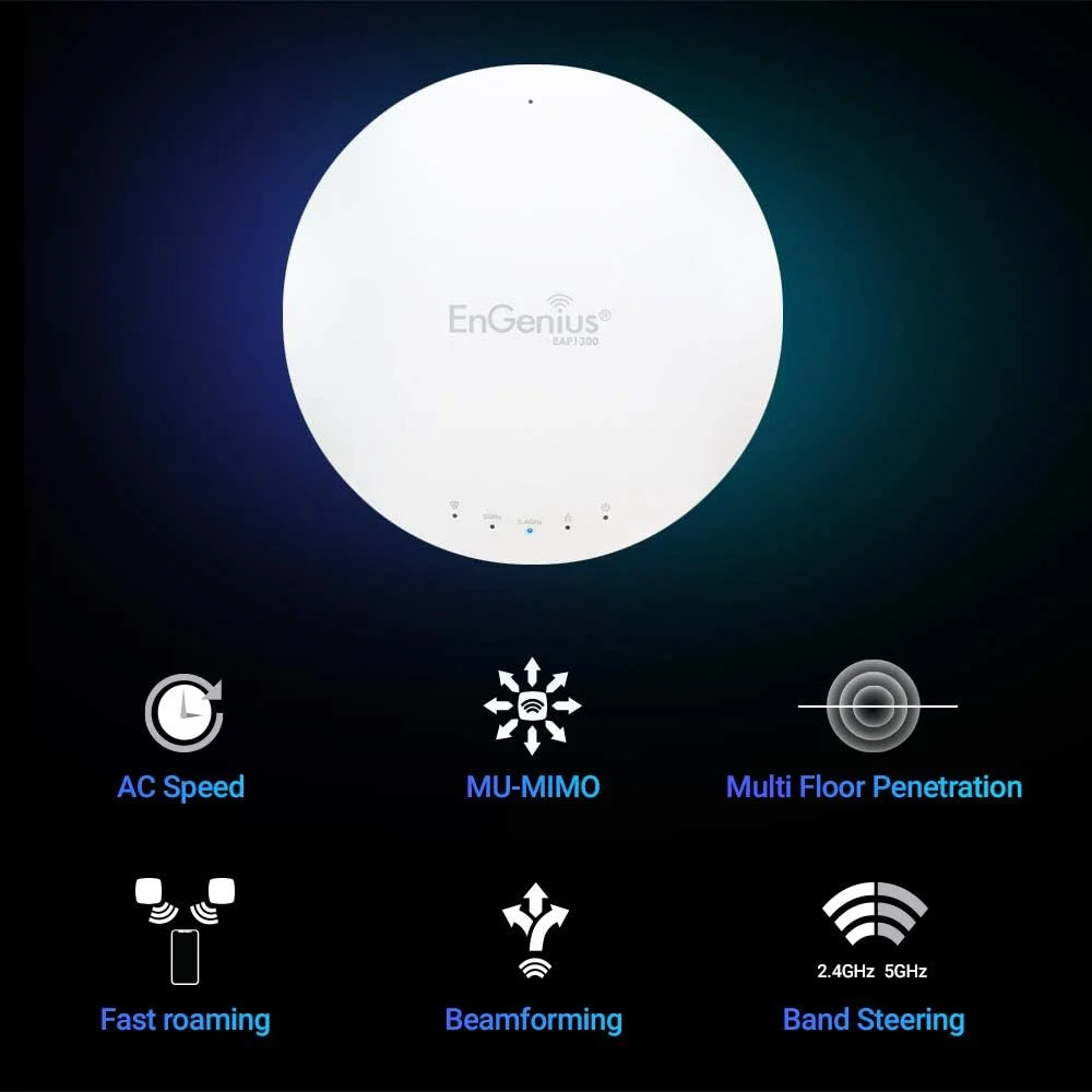 اکسس پوینت داخلی بی سیم مدیریتی EnGenius Technologies EAP1300 Wi-Fi 5 (802.11ac Wave 2) 2x2 با پردازنده چهارهسته‌ای، MU-MIMO، توان بالا 26dBm، پورت GigaE (شامل کیت نصب)