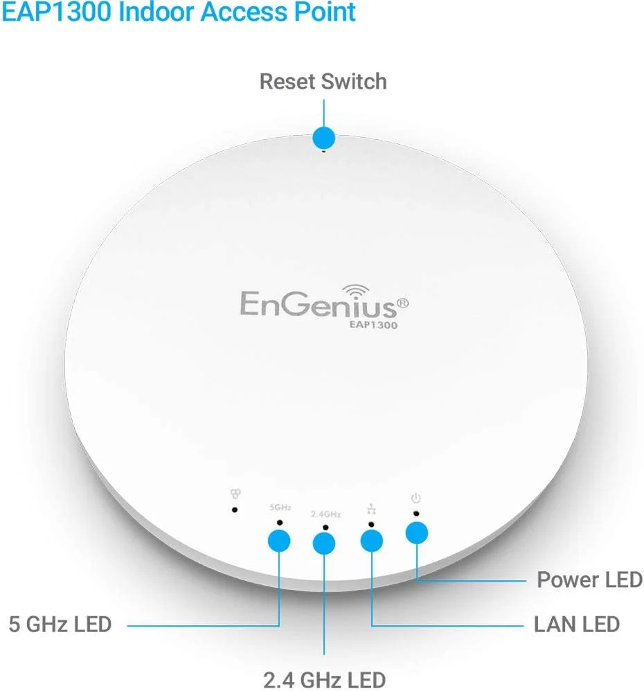 اکسس پوینت داخلی بی سیم مدیریتی EnGenius Technologies EAP1300 Wi-Fi 5 (802.11ac Wave 2) 2x2 با پردازنده چهارهسته‌ای، MU-MIMO، توان بالا 26dBm، پورت GigaE (شامل کیت نصب)