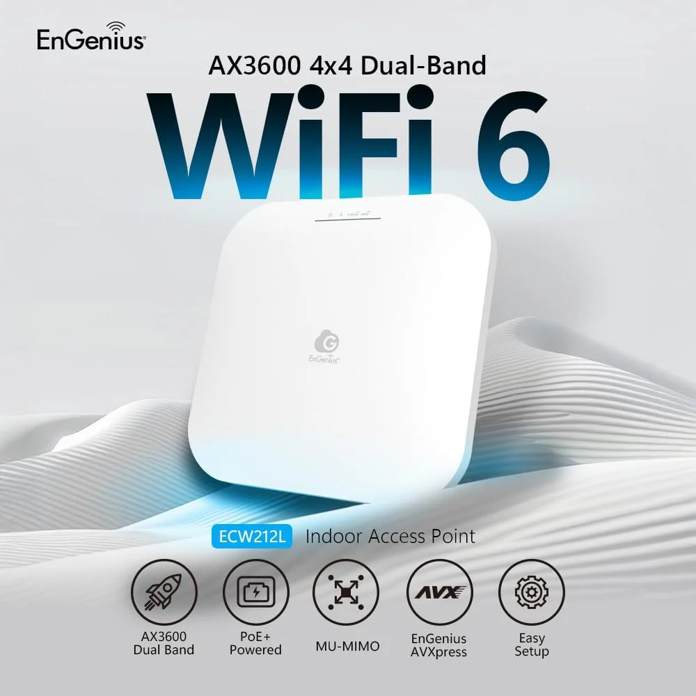 اکسس پوینت وایرلس EnGenius با مدیریت ابری، AP Wi-Fi 6 PoE 4x4 داخلی، پشتیبانی از سرعت‌های بالا تا 1,148 مگابیت بر ثانیه (2.4 گیگاهرتز) و 2400 مگابیت بر ثانیه (5 گیگاهرتز) - بدون آداپتور - ECW212L