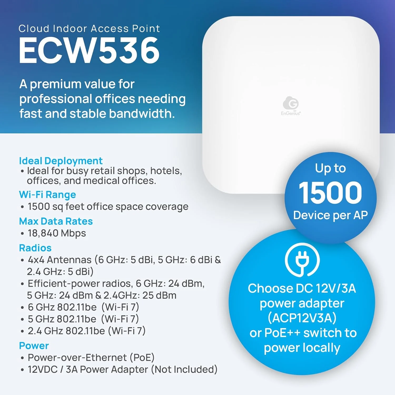 تکنولوژی ECW536 انجینوس Ecw536 نقطه دسترسی بی‌سیم Wi-Fi 7 سه باندی 4x4x4 با قابلیت مدیریت ابری / 10GbE PoE++