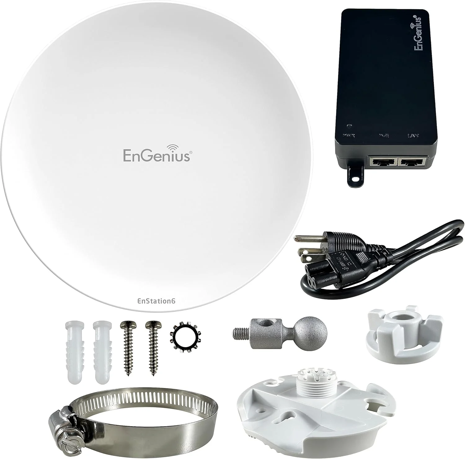 پل بی‌سیم بیرونی EnGenius Wi-Fi 6 (802.11ax) 5GHz 1,200 مگابیت بر ثانیه، 2x2، 26 dBm، آنتن جهت‌دار با بهره بالا 19 dBi، محفظه IP-55، تا 6 مایل نقطه به نقطه [EnStation6]