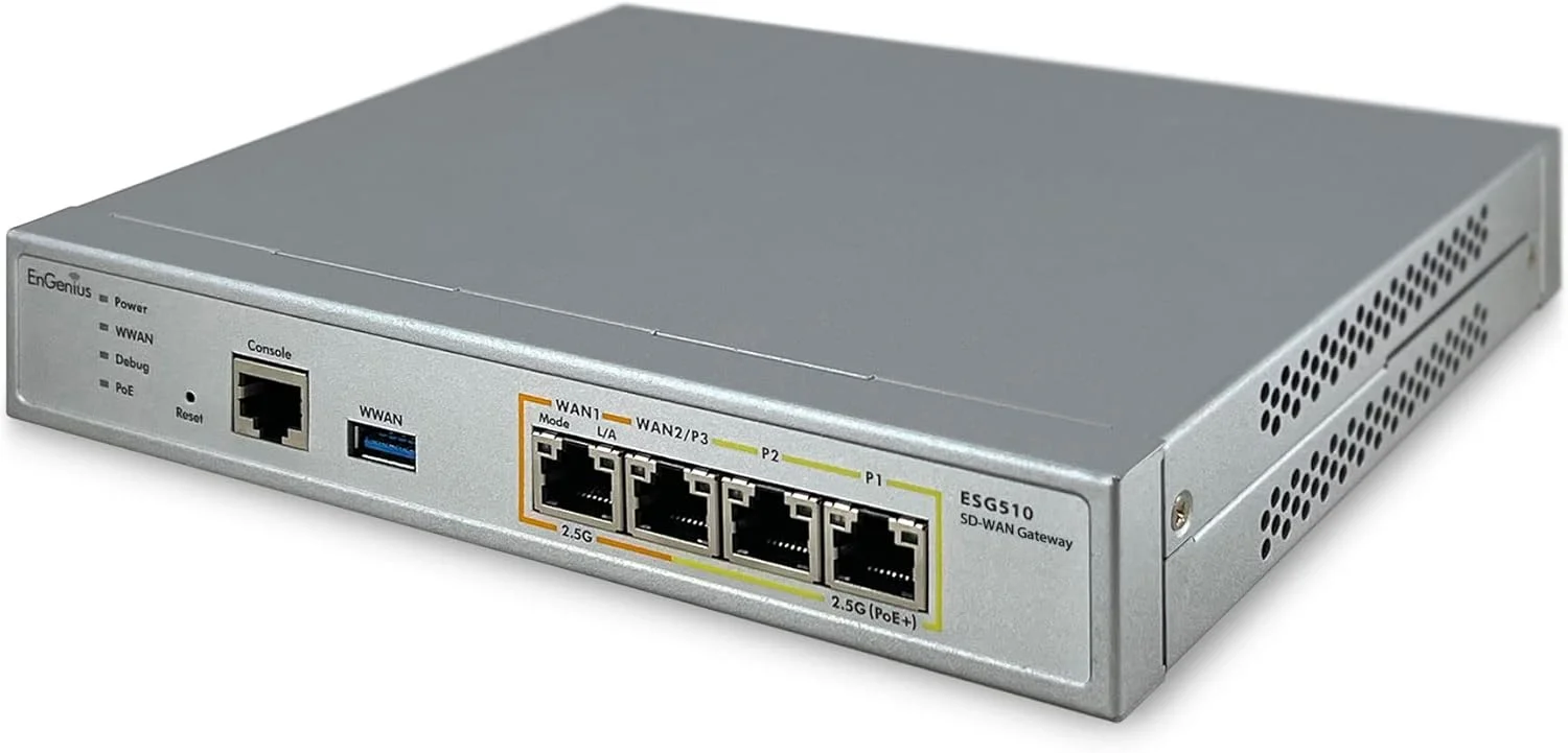 روتر VPN مدیریت شده EnGenius، روتر تجاری SD-WAN | PoE+ | چهار هسته ای 1.6 گیگاهرتز | دوگانه 2.5GbE WAN/LAN | Failover 4G | فایروال | دروازه امنیتی کسب و کارهای کوچک - ESG510 روتر VPN مدیریت شده EnGenius، روتر تجاری SD-WAN | PoE+ | چهار هسته ای 1.6 گیگاهرتز | دوگانه 2.5GbE WAN/LAN | Failover 4G | فایروال | دروازه امنیتی کسب و کارهای کوچک - ESG510