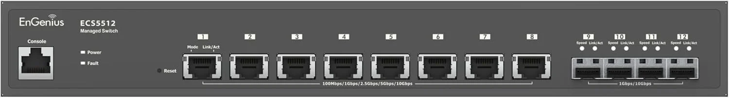 سوئیچ فیبر نوری 10 گیگابیتی SFP+ مدیریت شده ابری EnGenius ECS5512F | دارای 12 پورت SFP+ 10GbE، 1 پورت کنسول، قابل نصب در رک