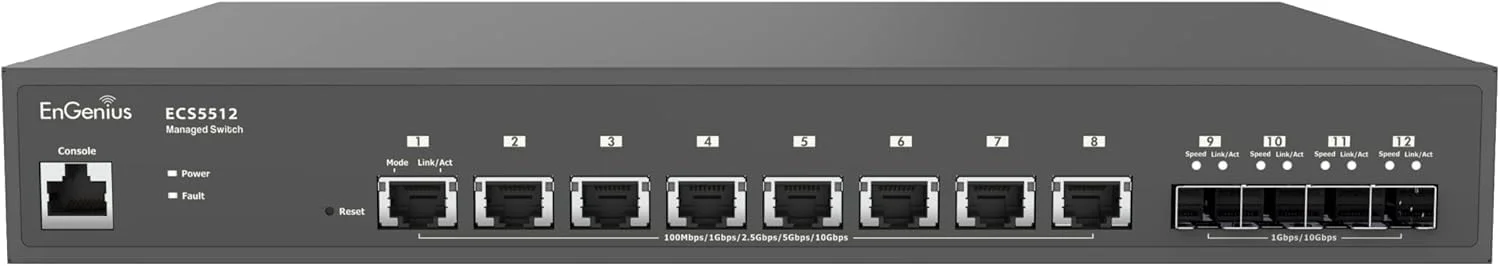 سوئیچ فیبر نوری 10 گیگابیتی SFP+ مدیریت شده ابری EnGenius ECS5512F | دارای 12 پورت SFP+ 10GbE، 1 پورت کنسول، قابل نصب در رک سوئیچ فیبر نوری 10 گیگابیتی SFP+ مدیریت شده ابری EnGenius ECS5512F | دارای 12 پورت SFP+ 10GbE، 1 پورت کنسول، قابل نصب در رک