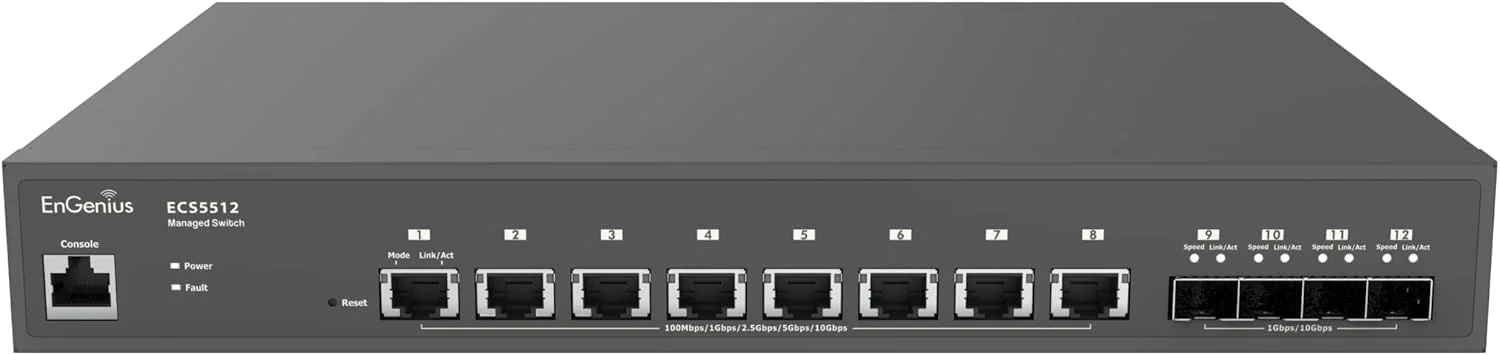 سوئیچ فیبر نوری 10 گیگابیتی SFP+ مدیریت شده ابری EnGenius ECS5512F | دارای 12 پورت SFP+ 10GbE، 1 پورت کنسول، قابل نصب در رک سوئیچ فیبر نوری 10 گیگابیتی SFP+ مدیریت شده ابری EnGenius ECS5512F | دارای 12 پورت SFP+ 10GbE، 1 پورت کنسول، قابل نصب در رک