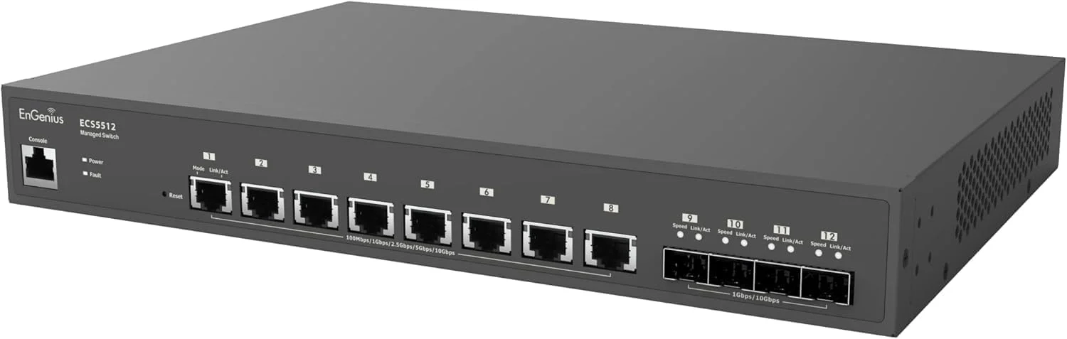 سوئیچ فیبر نوری 10 گیگابیتی SFP+ مدیریت شده ابری EnGenius ECS5512F | دارای 12 پورت SFP+ 10GbE، 1 پورت کنسول، قابل نصب در رک سوئیچ فیبر نوری 10 گیگابیتی SFP+ مدیریت شده ابری EnGenius ECS5512F | دارای 12 پورت SFP+ 10GbE، 1 پورت کنسول، قابل نصب در رک