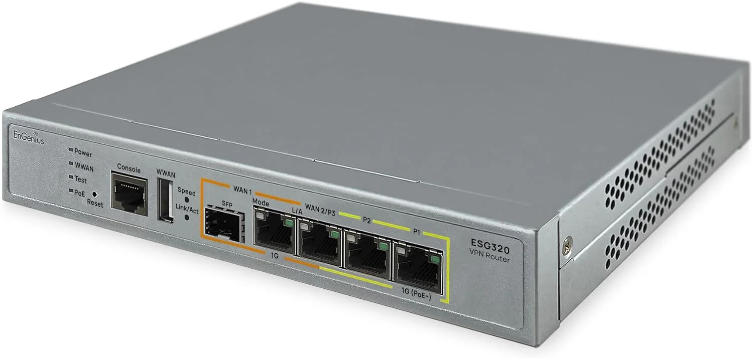 دروازه SD-WAN EnGenius ESG320 | 3x GbE، 1x GbE PoE+، 1x SFP، بودجه PoE 30W، قابل نصب روی میز/دیوار دروازه SD-WAN EnGenius ESG320 | 3x GbE، 1x GbE PoE+، 1x SFP، بودجه PoE 30W، قابل نصب روی میز/دیوار