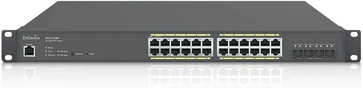 سوئیچ مدیریتی 24 پورت گیگابیتی PoE+ EnGenius، دارای 4 پورت آپلینک 10G SFP+، بودجه PoE 240W، لایه 2+، مدیریت ابری، برد بلند، سوئیچ شبکه Rackmount برای دوربین های IP، VoIP، NVR، CCTV - ECS1528P