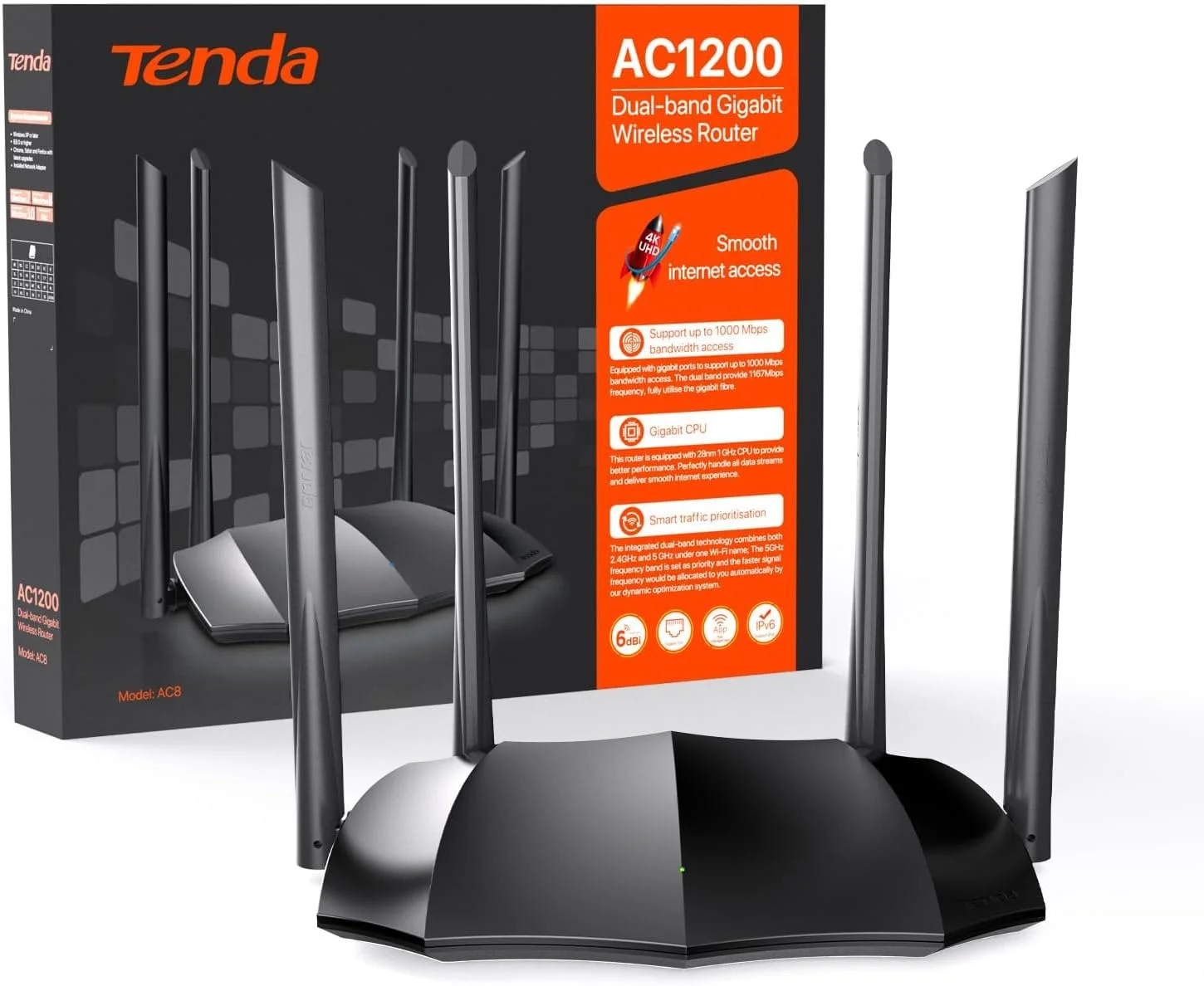 روتر وای فای تندا AC1200 - روتر بی‌سیم با دو باند 5 گیگاهرتز/2.4 گیگاهرتز، 4 پورت گیگابیتی WAN/LAN، 4 آنتن 6dBi، حالت تکرار کننده اکسس پوینت، Beamforming، MU-MIMO، کنترل برنامه، AC8