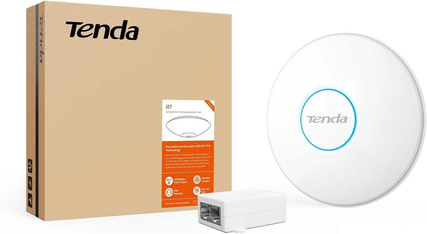 اکسس پوینت دو بانده وای فای 6 AX3000 تندا مدل I27، پشتیبانی از 802.3at PoE/DC، دارای 1 پورت گیگابیتی PoE/Ethernet، نصب آسان روی دیوار یا سقف، رومینگ یکپارچه، MU-MIMO، امنیت WPA3، شامل آداپتور برق اکسس پوینت دو بانده وای فای 6 AX3000 تندا مدل I27، پشتیبانی از 802.3at PoE/DC، دارای 1 پورت گیگابیتی PoE/Ethernet، نصب آسان روی دیوار یا سقف، رومینگ یکپارچه، MU-MIMO، امنیت WPA3، شامل آداپتور برق
