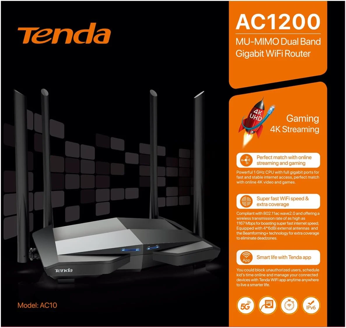 روتر وای فای تندا AC1200 - 2.4GHz/5GHz دو بانده گیگابیتی بی سیم، پورت های WAN/LAN با سرعت 1000 مگابیت بر ثانیه، 4 آنتن خارجی 6dBi، وای فای هوشمند برای پوشش طولانی، کنترل والدین، AC10 روتر وای فای تندا AC1200 - 2.4GHz/5GHz دو بانده گیگابیتی بی سیم، پورت های WAN/LAN با سرعت 1000 مگابیت بر ثانیه، 4 آنتن خارجی 6dBi، وای فای هوشمند برای پوشش طولانی، کنترل والدین، AC10