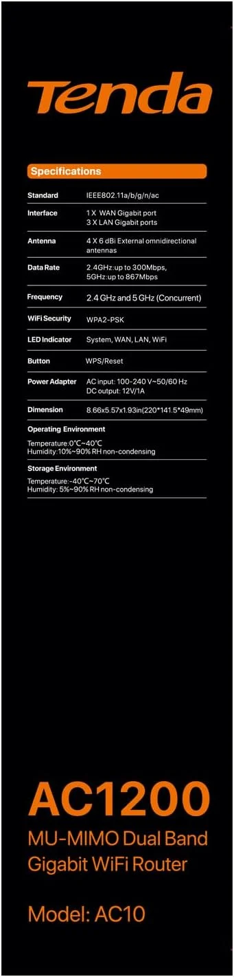 روتر وای فای تندا AC1200 - 2.4GHz/5GHz دو بانده گیگابیتی بی سیم، پورت های WAN/LAN با سرعت 1000 مگابیت بر ثانیه، 4 آنتن خارجی 6dBi، وای فای هوشمند برای پوشش طولانی، کنترل والدین، AC10 روتر وای فای تندا AC1200 - 2.4GHz/5GHz دو بانده گیگابیتی بی سیم، پورت های WAN/LAN با سرعت 1000 مگابیت بر ثانیه، 4 آنتن خارجی 6dBi، وای فای هوشمند برای پوشش طولانی، کنترل والدین، AC10