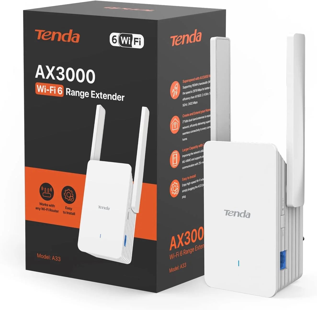 تقویت کننده وای فای تندا، تقویت کننده وای فای 6، توسعه دهنده وای فای دو بانده AX3000، تکرار کننده/تقویت کننده وای فای با 1 پورت گیگابیتی و 2 آنتن با کارایی بالا، حالت نقطه دسترسی داخلی، دوشاخه UK (A33)