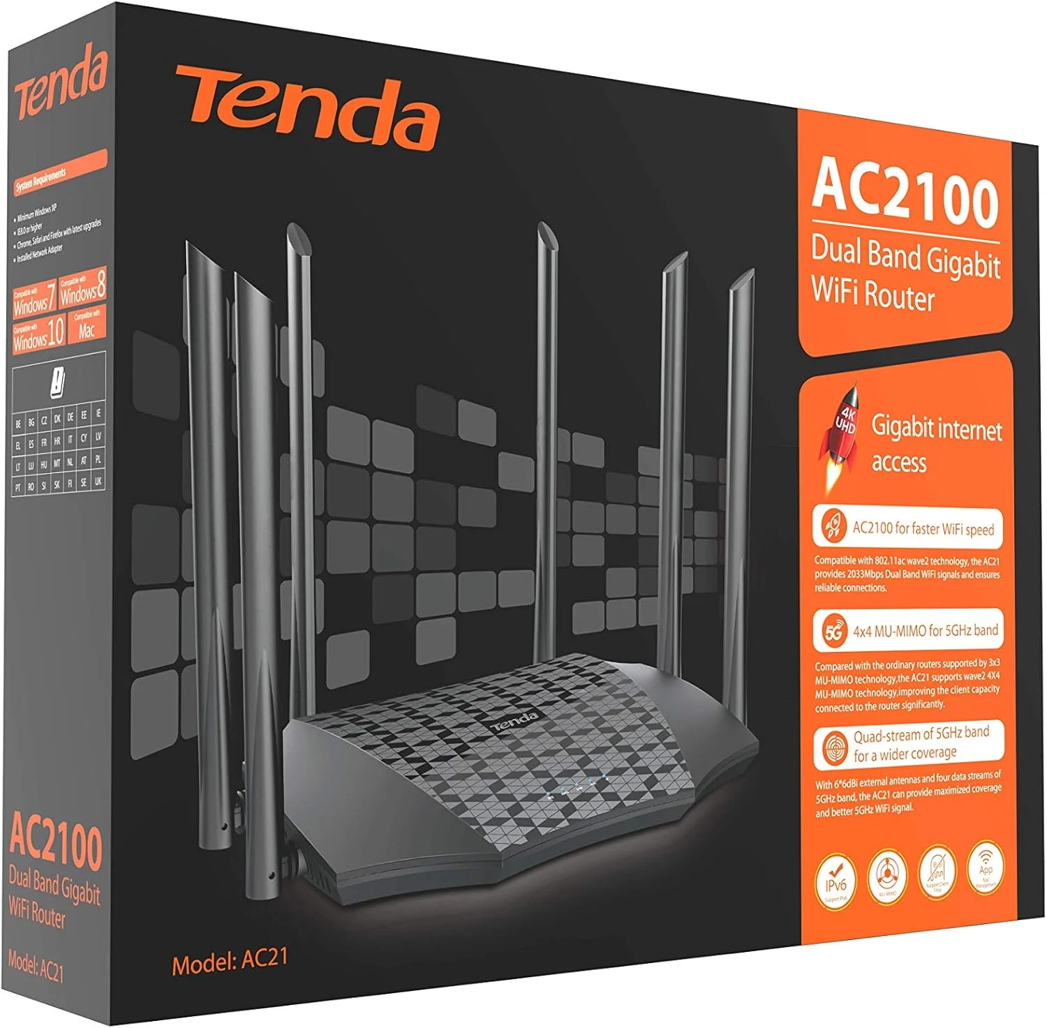 روتر کابلی بی سیم گیگابیتی دو بانده Tenda AC21 AC2100، سرعت تا 2100 مگابیت در ثانیه، MU-MIMO، 5 پورت LAN گیگابیتی، نصب آسان، پشتیبانی از شبکه مهمان، کنترل والدین، فیلتر مشتری، IPv6 روتر کابلی بی سیم گیگابیتی دو بانده Tenda AC21 AC2100، سرعت تا 2100 مگابیت در ثانیه، MU-MIMO، 5 پورت LAN گیگابیتی، نصب آسان، پشتیبانی از شبکه مهمان، کنترل والدین، فیلتر مشتری، IPv6