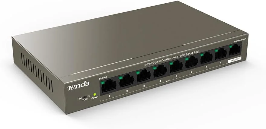 سوئیچ PoE گیگابیتی 10 پورت Tenda TEG1110PF-8-102W، دارای 8 پورت PoE+، 1 پورت Uplink و 1 پورت SFP، محافظت در برابر صاعقه، VLAN، Plug and Play، کنترل هوشمند توان